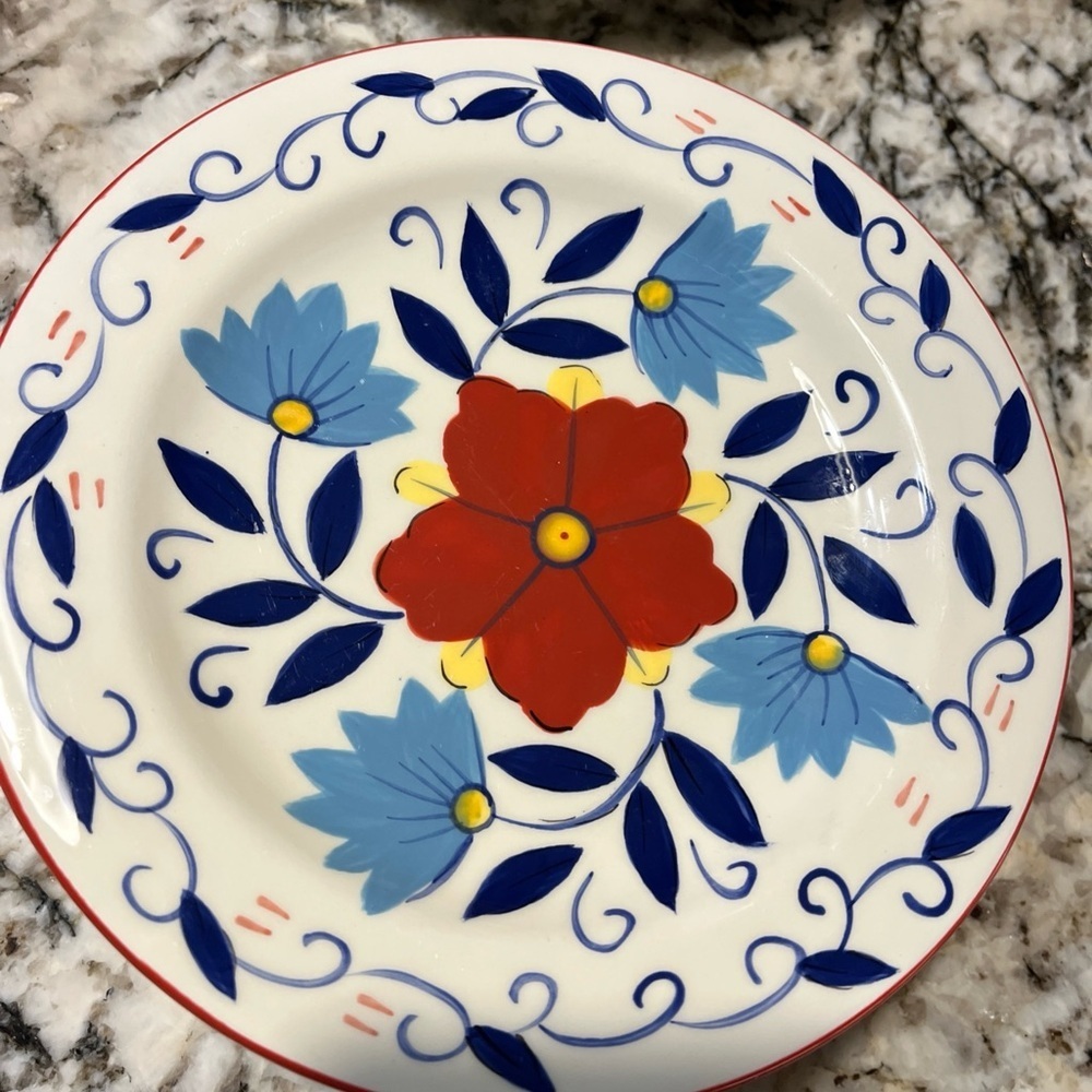 Pier 1 Portalegre Hand Painted 6Dinner 11” 6Salad 8” 2Soup 5.5” Floral Red Blue